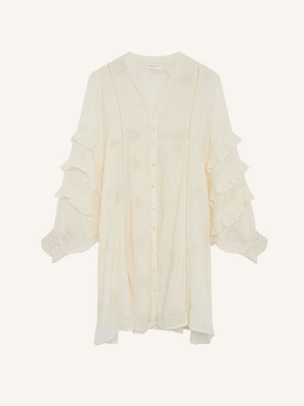 Maison Hotel Lutetia Ruffle Dress in Menorca Ecru with Embroidery 100% Cotton